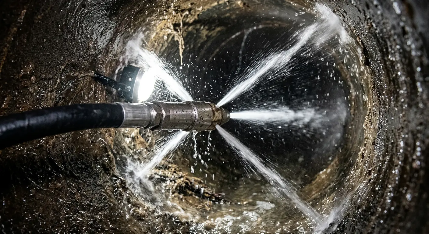 High-pressure hydro jetting nozzle cleaning sewer pipe for Emergency Drain Service in Hendersonville