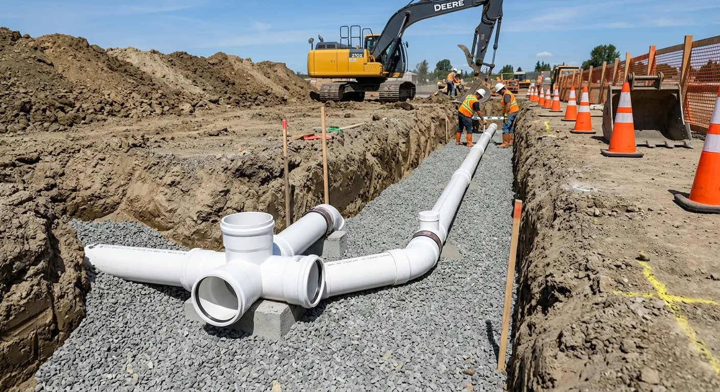 New PVC sewer pipe installation in open trench for Sewer Backup in Hendersonville