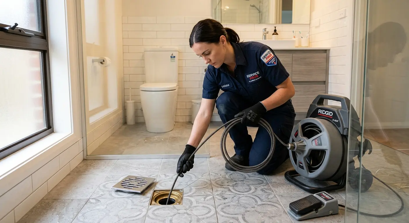 Technician clearing a bathroom floor drain for Drain Repair in Hendersonville